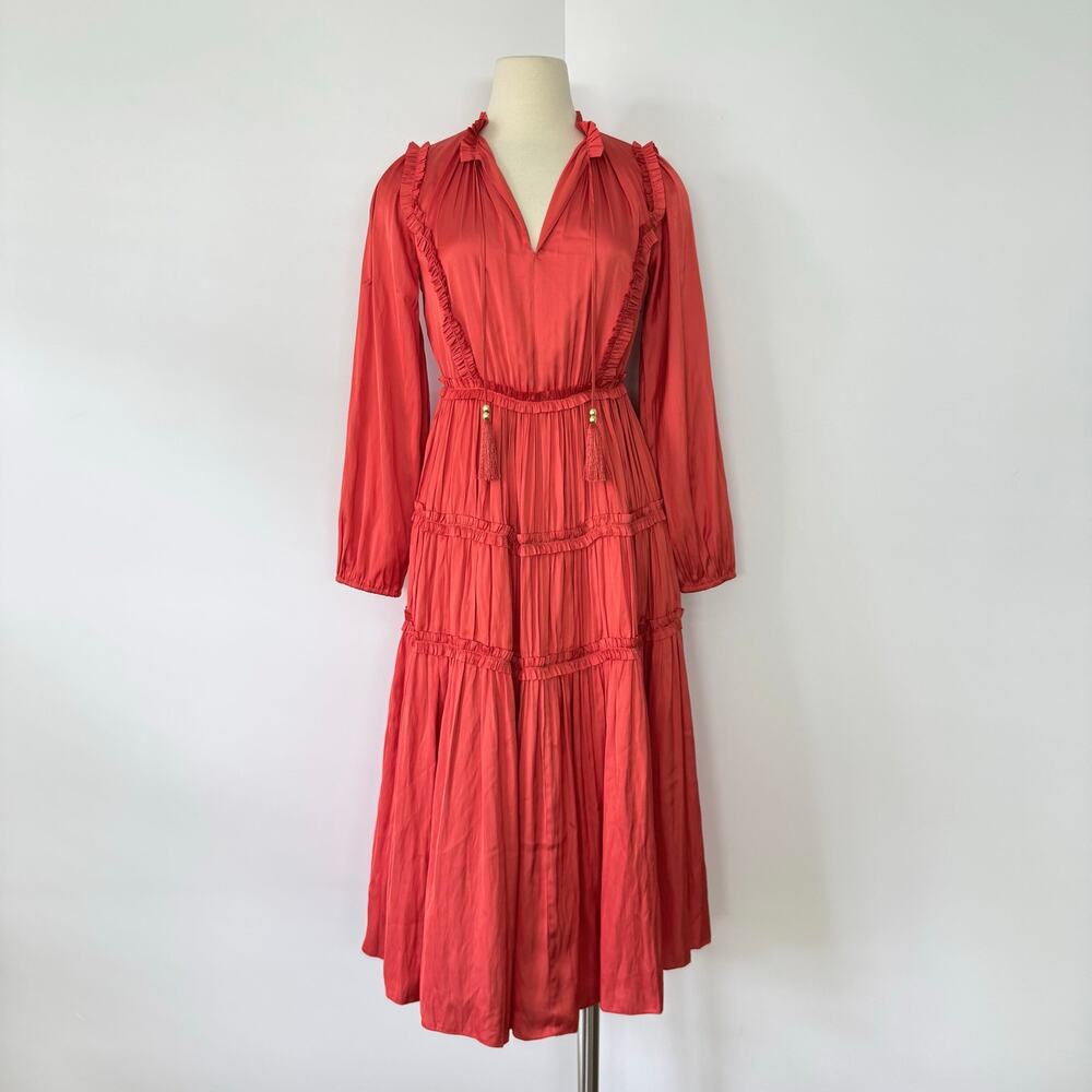 Elie Tahari Satin Ruffle Midi Dress Tiered Long Sleeves in Wild Flower 2 NWT - Picture 2 of 12